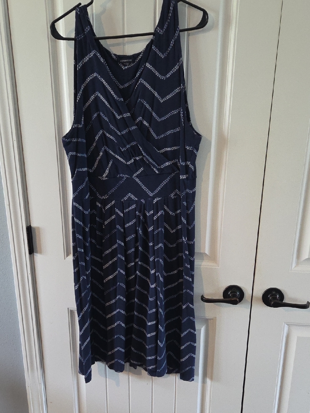 Lands' End Navy and White Chevron Wrap-Front Midi Dress